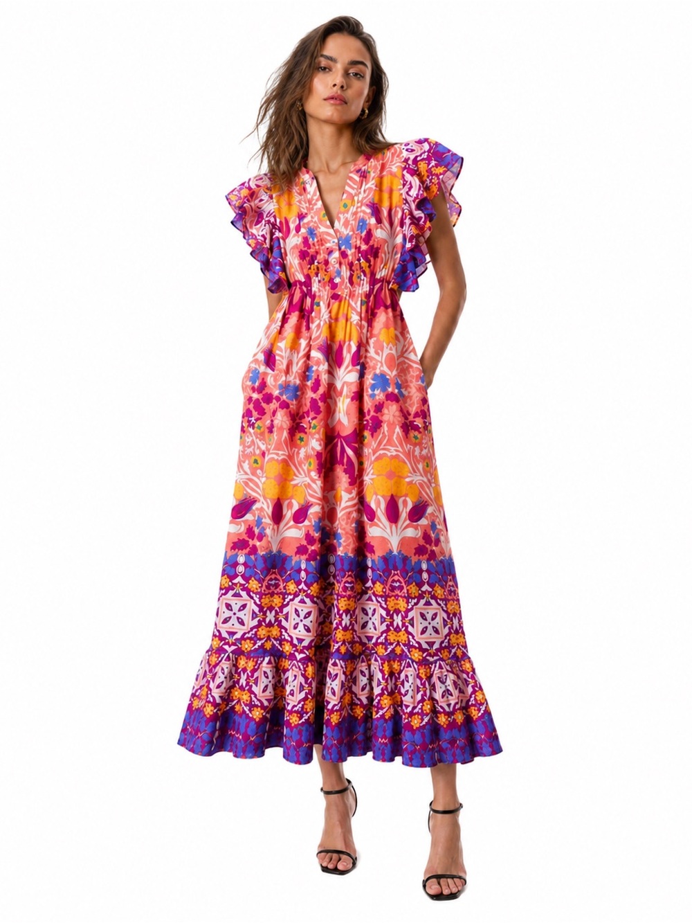 Anthropologie Maeve Cassandra Maxi Dress Boho Floral Ruffle Sleeve Resort XXS